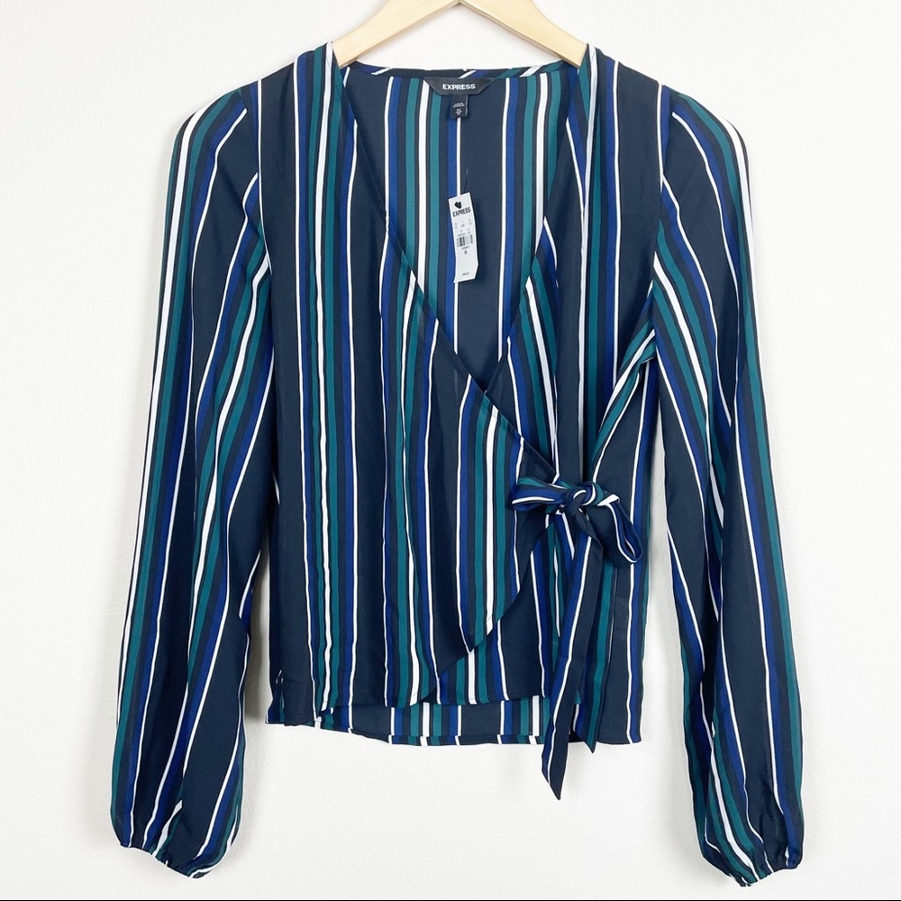 Express XS Top Wrap Tie Front Green Blue White Black Pinstripe Long Sleeve New
